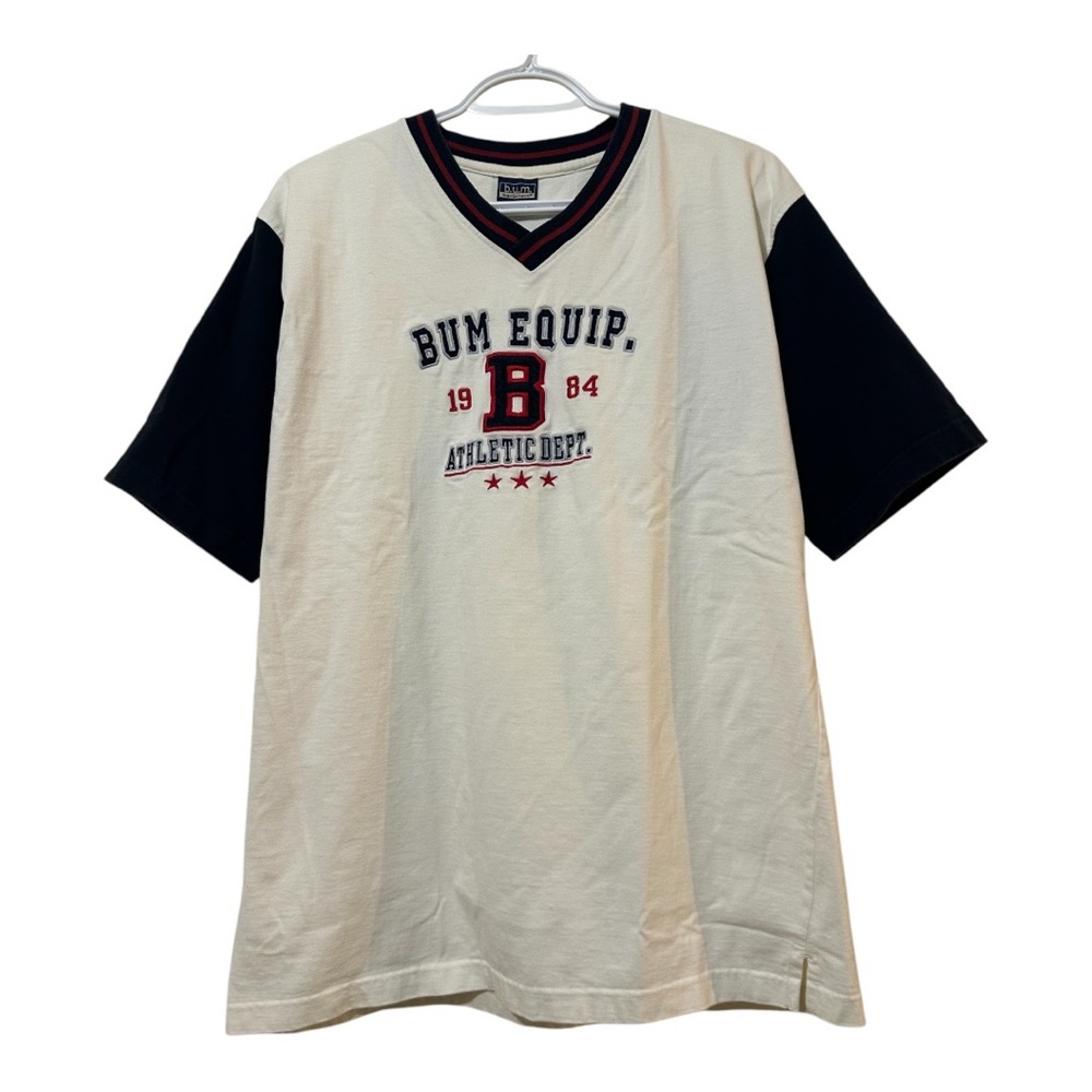 Vintage B.U.M. Equipment Embroidered Baseball T-Shirt V Neck Size M